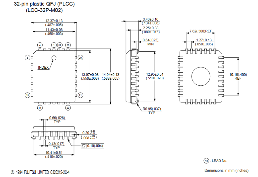 Чертёж корпуса QFJ-32 (PLCC-32, LCC-32P-M02)