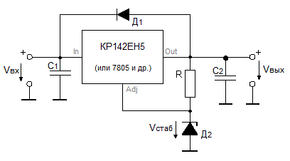 Схема повышения напряжения стабилизации регуляторов с фиксированным выходным напряжением